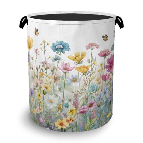 Wildflowers Laundry Basket,Garden Botanical Butterfly Oxford Cloth Laundry Hamper with Handle Foldable Portable Clothes Storage Basket for Bathroom Bedroom Dorm Room 16" x 20.8" - color: Wildflowers Garden Botanical Butterfly