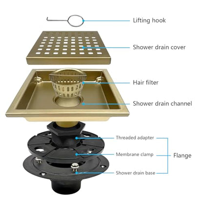 6 Inch Square Shower Drain with Flange, Removeable Grate SUS 304 Stainless Steel Shower Drain with Hair Catcher (Brushed Gold, 6 Inch) - color: Brushed Gold, size: 6 Inch