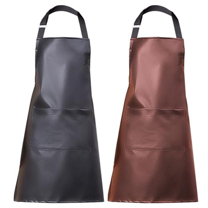 eywlwaar PU Waterproof Apron with One Big Pocket Adjustable Oil Proof Apron for Kitchen Dishwashing Cooking 29.92"x 26.77" - color: Black&coffee-2packs