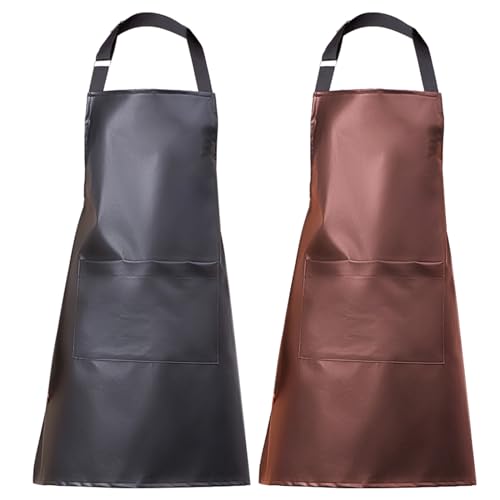 eywlwaar PU Waterproof Apron with One Big Pocket Adjustable Oil Proof Apron for Kitchen Dishwashing Cooking 29.92"x 26.77" - color: Black&coffee-2packs