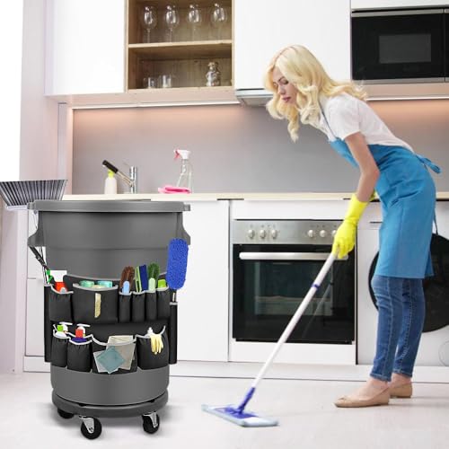 Trash Can Caddy Fit 32-55 Gallon Garbage Bins,Professional Tool Housekeeping Dispenser Storage Organizer Cleaning Supplies Caddy Adjustable Buckle,for Janitorial Trash Can,Maid Janitorial Duty
