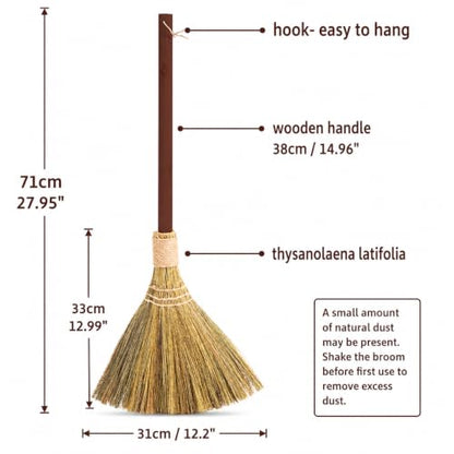 Vietnam Handmade Straw Whisk Broom with Brown Wooden Handle - Soft Natural Grass Broom for Home, Kitchen, Bedroom & Garage, 12.2" Wide x 27.95" Long - style: Brown