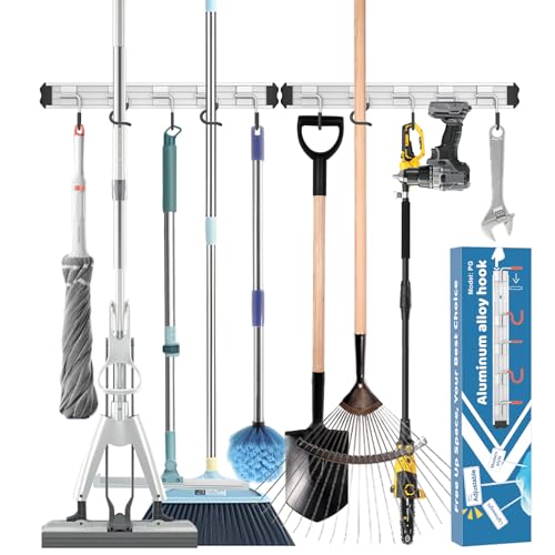 Mop and Broom Holder Wall Mount Garden Tool Rack Organizer - color: Black, size: 2 Packs 5 Hooks