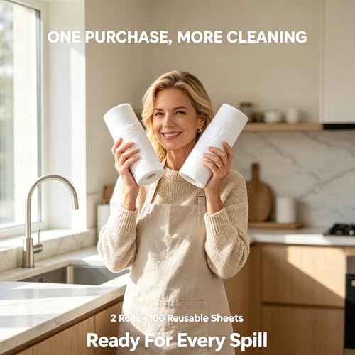 Jessy Home 2 Roll Reusable Paper Towels,100 Sheets Tear Away Microfiber Cleaning Cloth, Lint Free Cleaning Rags for Kitchen, Dishcloth,Household Cleaning Supplies - color: White