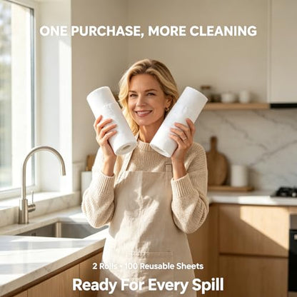 Jessy Home 2 Roll Reusable Paper Towels,100 Sheets Tear Away Microfiber Cleaning Cloth, Lint Free Cleaning Rags for Kitchen, Dishcloth,Household Cleaning Supplies - color: White