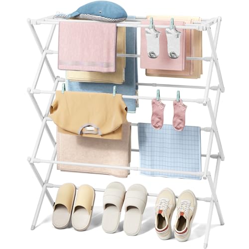 KINGBOARD 3-Tier Extendable Clothes Drying Rack, Small & Foldable, White - color: White