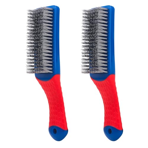 Wire Brushes 2 Pcs Steel Brushes Heavy Duty Carbon Steel and Stainless Steel Wire Scratch Brush with Rubber Ergonomic Handle (16x3.5cm)