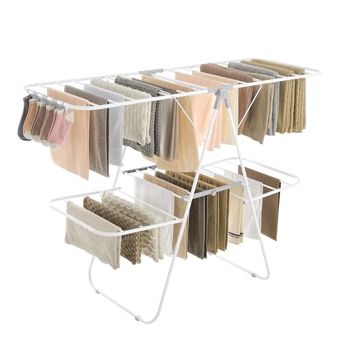SONGMICS Clothes Drying Rack, Foldable 2-Level Stee Laundry Drying Rack - color: White + Gray, size: 2 Tiers（22"d x 61.8"w x 64.3''h )