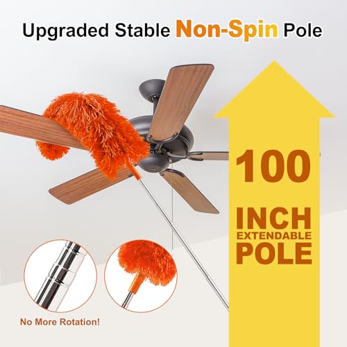 Tiumso 5-in-1 Duster with Extension Pole 100” Extendable Dusters for Cleaning Reusable Anti-Spin Dusting Kits for High Ceiling Fans, Cobwebs & Vents, Reinforced Stainless Steel Telescopic Handle - color: Orange