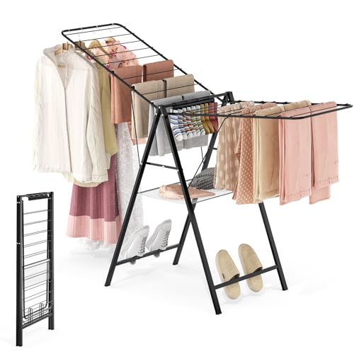 APEXCHASER 6 Height Adjustable Clothes Drying Rack with Shoe Slots, Black - color: Black