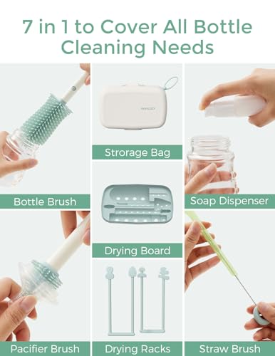 Momcozy 7-in-1 Baby Bottle Brush Set with Drying Rack, Green - color: Green, size: Classic Style