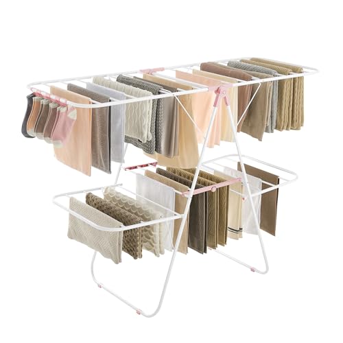 SONGMICS Clothes Drying Rack, Foldable 2-Level Stee Laundry Drying Rack - color: White + Pink, size: 2 Tiers（22"d x 61.8"w x 64.3''h )