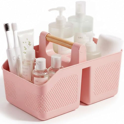 Plastic Shower Caddy Portable Shower Basket with Bamboo Handle, Pink - color: Pink