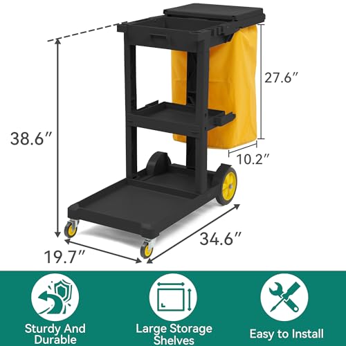 YITAHOME 3-Shelf Cleaning Carts on Wheels, Black Janitorial Cart - color: Black