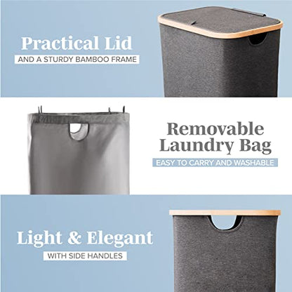 LONBET Laundry Basket with Lid, Made from Breathable Fabric | Aesthetic Clothes Hampers for Laundry with Side Handles & Sturdy Bamboo Frame (26 Gallons - Single, Gray) - color: Gray, style: 26 Gallons - Single