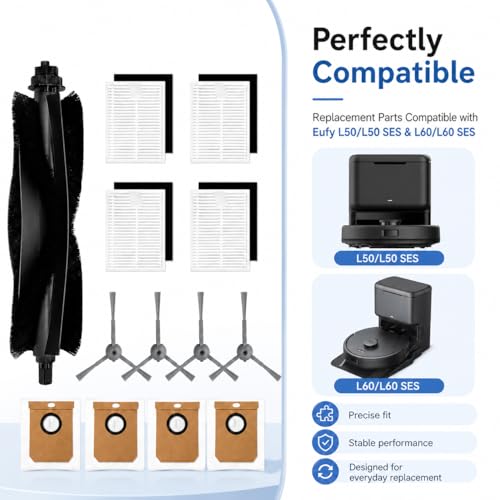 Replacement Parts Compatible with Eufy L60/L50 Series Robot Vacuums, Accessories Including 1 Main Brush, 4 Hepa Filters, 4 Side Brushes, 4 Dust Bags - size: 13pc
