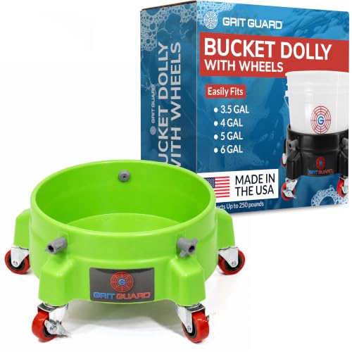 GRIT GUARD Bucket Dolly with Wheels - Rolling Detailing Wash Bucket with 5 Wheels and 2 Locking Casters Compatible with 2.5, 4, 5 and 6 Gallon Buckets (Green, 2" Red Casters) - Made in the USA - color: Green, size: 2" Red Casters
