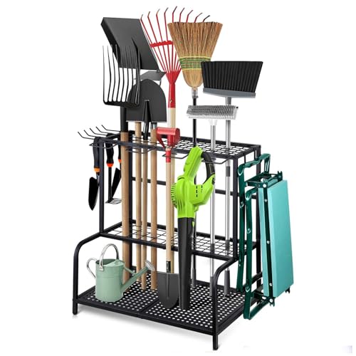 Garden Tool Storage Rack, 3 Tier Heavy-Duty Steel Garden Tool Organizer Stand Up To 70 Long Handled Shovels/Rakes/Brooms, 24×16×26inch Garage Tool Shelf for Shed, Yard, Garage