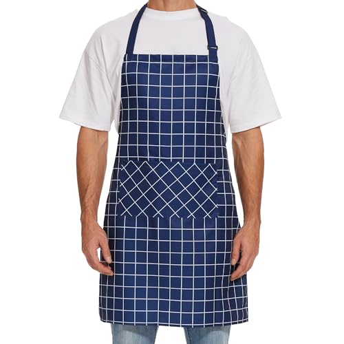 Will Well Kitchen Apron for Men and Women - 33" x 27" Oil-and-Water-Resistant with Adjustable Neck Strap and 38" Waist Ties for a Snug Fit, Lightweight with 2 Front Pockets - 1-Pack, Navy Checkered - color: 07 - Navy Checkered, size: 1 Pack