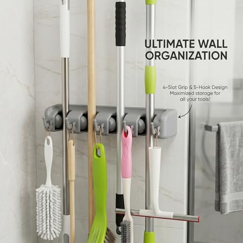 TOGU Mop and Broom Holder Wall Mounted 4 Position Storage Rack with 5 Retractable Hooks Holds up to 9 Tools Utility Weatherproof Holder for Garage Storage Systems Broom Organizer,Gray