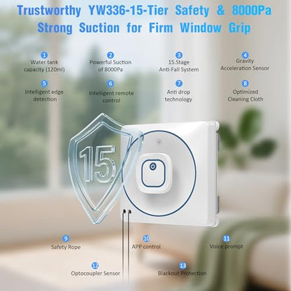 Window Cleaner Robot with 4 Cleaning Modes, 8000Pa Suction Remote Control