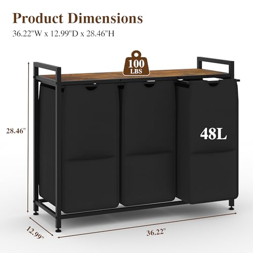 Laundry Sorter, Black, 3-Section, 36.6x13x28.5 in - size: 3 Bags-145.5L / Rustic Brown + Black