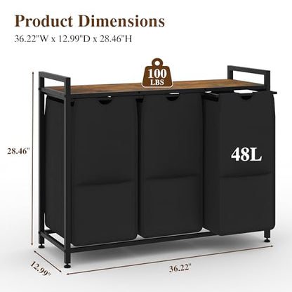 Laundry Sorter, Black, 3-Section, 36.6x13x28.5 in - size: 3 Bags-145.5L / Rustic Brown + Black