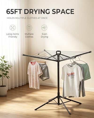 JS HANGER Rotary Clothes Drying Rack, 65 ft Outdoor Umbrella Drying Rack with Easy Push-Pull Handle, Foldable Laundry Drying Rack for Balcony, Patio & Backyard, Space-Saving Air Dryer - color: Black-4 Legs