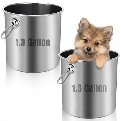 Hsei 2 Pcs Stainless Steel Bucket for Pet Cleaning, 1.3 Gallon Metal Bucket Water Pail with Handle for Fence Kennel Cage Garage Garden Workshop - size: 1.3 Gallon