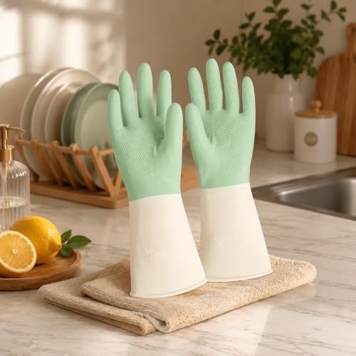 1 Pair of Thick Waterproof Kitchen Gloves, Non-Slip Grip for Dishwashing, Cleaning and Household Accessories, Cleaning Gloves - color: Green, size: Large