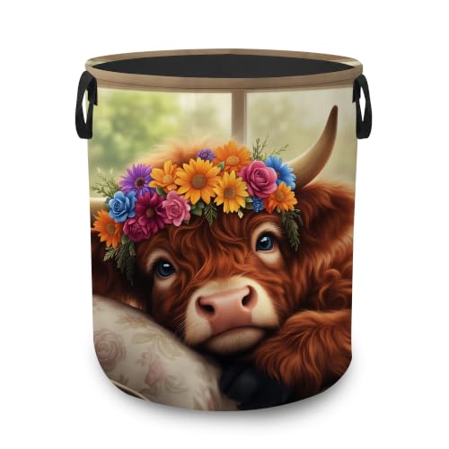 Highland Cow Floral Portable Laundry Hamper,Farmhouse Cozy Collapsible Clothes Basket with Handles,Waterproof Oxford Cloth Organizer for Dorm Bedroom Bathroom Nursery,16 x 20 Inch - color: Highland Cow Floral,Farmhouse Cozy