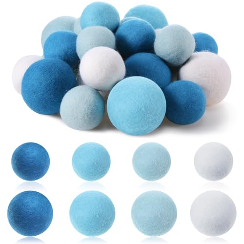 24 Pack Blue Wool Laundry Balls, 3.15'', 2.4'' Reusable Laundry Wool Dryer Balls Natural No Lint Fabric Softener for Clothing Wrinkles - color: Blue