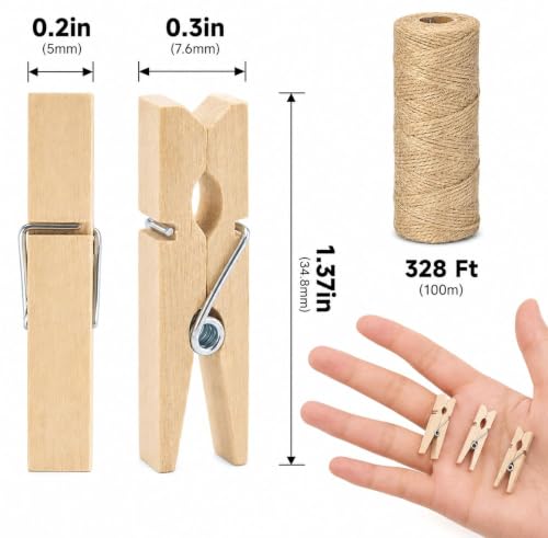 jijAcraft 1.4Inch Mini Clothes Pins - 100Pcs Wooden Clothespins with String - color: Natural, size: 1.4 inch, 100 pcs