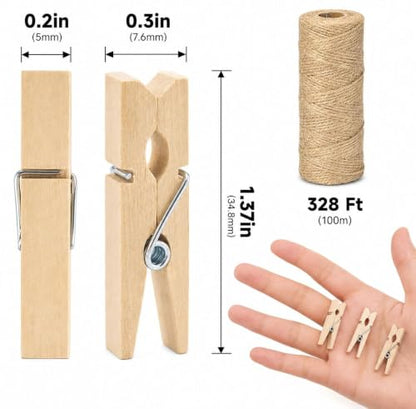 jijAcraft 1.4Inch Mini Clothes Pins - 100Pcs Wooden Clothespins with String - color: Natural, size: 1.4 inch, 100 pcs