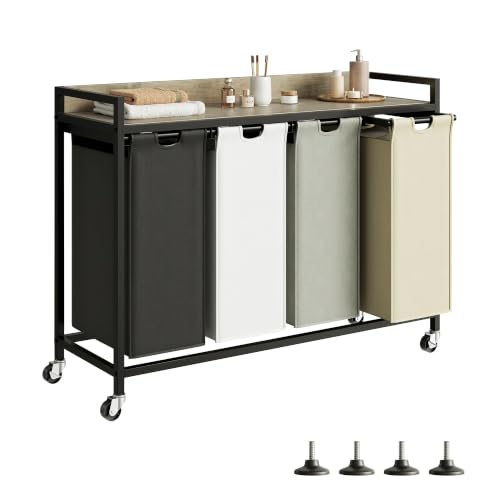 Herture Laundry Hampers with Shelf, Laundry Basket 4 Section, 4 x 15.87 Gal - color: Greige + 4-Color, size: 4 Bags-240 L