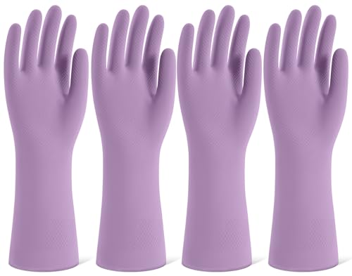 Rubber Cleaning Gloves for Dishwashing, 4 Pairs Reusable Kitchen Gloves for Washing Dishes and Household Cleaning, Purple Dish Gloves with Flocked Lining and Non-Slip Grip, Pefect for Woman Men - M - color: Purple, size: Medium