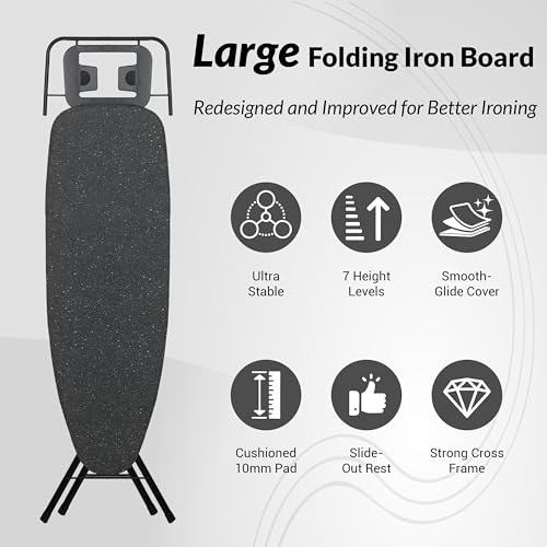 ZOES HOMEWARE 2026 Enhanced Ironing Board, Folding Iron Board with Retractable Iron Rest& Hook, 7-Level Height Adjustable Ironing Table with Thermo-Reflective Surface &10mm Thicken Pad, 43"x14"x36"