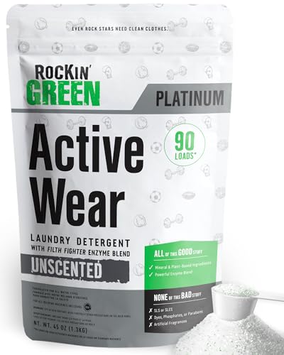 Rockin' Green Active Wear Laundry Detergent Powder & Odor Eliminator for Sportswear & Workout Clothes, Plant-Based Enzymes Target Sweat & Odor, Dermatologist Tested, Unscented, 90 Loads - size: 90 Loads
