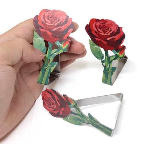 yueton 4PCS Stainless Steel Rose Tablecloth Clips Elegant Flower Table Cloth Holders Windproof Outdoor Wedding Party Decorations for Patio, Garden, Picnic