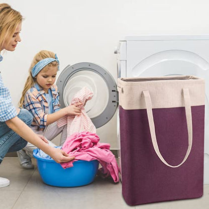 Laundry Basket with Handles Beige&Burgundy Slim Laundry Bin Collapsible Dirty Clothes Basket Narrow Laundry Bag Foldable Dirty Hamper for Camping, Dorms, Apartments - color: Beige&Burgundy
