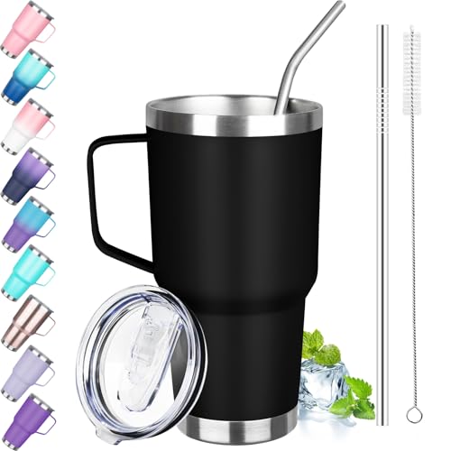 30 oz Stainless Steel Insulated Tumbler with Handle, Lid and Straw, Double Wall Vacuum Insulated Coffee Mug Tumbler, Insulated Coffee Thermal Cup for Cold and Hot (Black) - color: Black, size: 30 Ounces