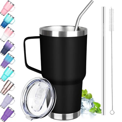 30 oz Stainless Steel Insulated Tumbler with Handle, Lid and Straw, Double Wall Vacuum Insulated Coffee Mug Tumbler, Insulated Coffee Thermal Cup for Cold and Hot (Black) - color: Black, size: 30 Ounces