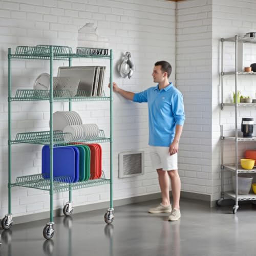 PRO&Family 24" x 48" Mobile Green Epoxy 4-Tier Commercial Drying Rack with Casters – Heavy Duty Wire Shelving for Dish Drying, Kitchen Storage & Food Service Use (1 1/4" Slots) - size: 24" x 48" Mobile