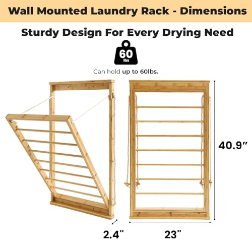 Clothes Drying Rack, Foldable Bamboo Wall Mounted Laundry Rack – Space-Saving, Drop-Down Design – 23" Wide, 40.9" High – Sturdy & Elegant for Home, Laundry Room & Bathroom