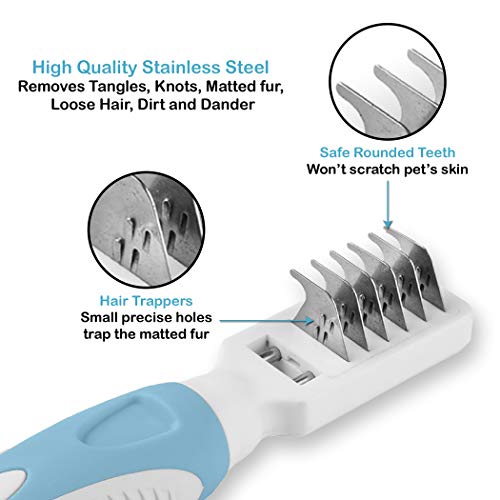 Pets First Professional Pet Mat Remover - Dematting Tool for Grooming Cats & Dogs - Removes Matted Fur, Tangles, Knots, Loose Hair & Dirt - Stainless Steel, Gentle Teeth, Soft Comfort Grip Handle,Blue