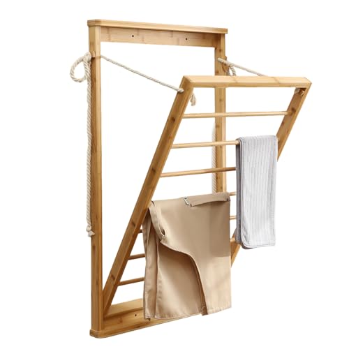 Clothes Drying Rack, Foldable Bamboo Wall Mounted Laundry Rack – Space-Saving, Drop-Down Design – 23" Wide, 40.9" High – Sturdy & Elegant for Home, Laundry Room & Bathroom