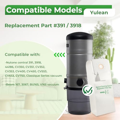 3 Pack 391 Central Vacuum Bags Compatible with Nutone Cental 391, 3918, 44186, CV350, CV351, CV352, CV353, CV400, CV450, CV553, CV653, CV750 Models