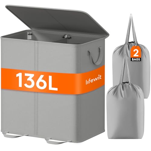 Lifewit Double Laundry Hamper with Lid, Removable Laundry Bags, Silver Gray - color: Silver Gray, size: 136L