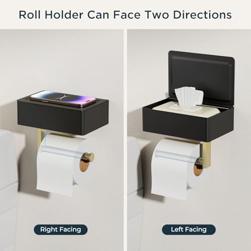 FORIOUS Toilet Paper Holder with Shelf, Wall-Mounted Modern Wipes Dispenser - color: Matte Black & Brushed Gold, size: Big 1 Pack-8" (L)