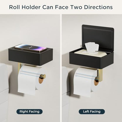 FORIOUS Toilet Paper Holder with Shelf, Wall-Mounted Modern Wipes Dispenser - color: Matte Black & Brushed Gold, size: Big 1 Pack-8" (L)